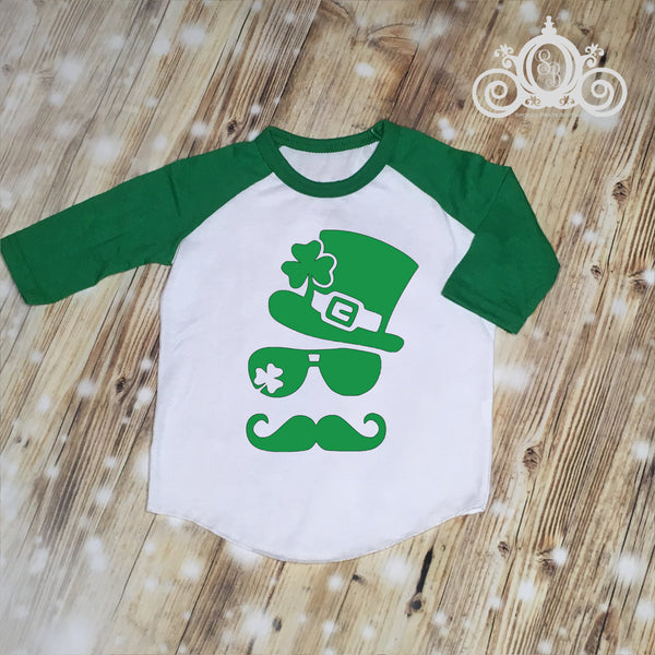 Lucky Leprechaun Hipster Sunglasses Top Hat Kids Custom Unisex Raglan Personalized Shirt Boy Baby Toddler Shirt