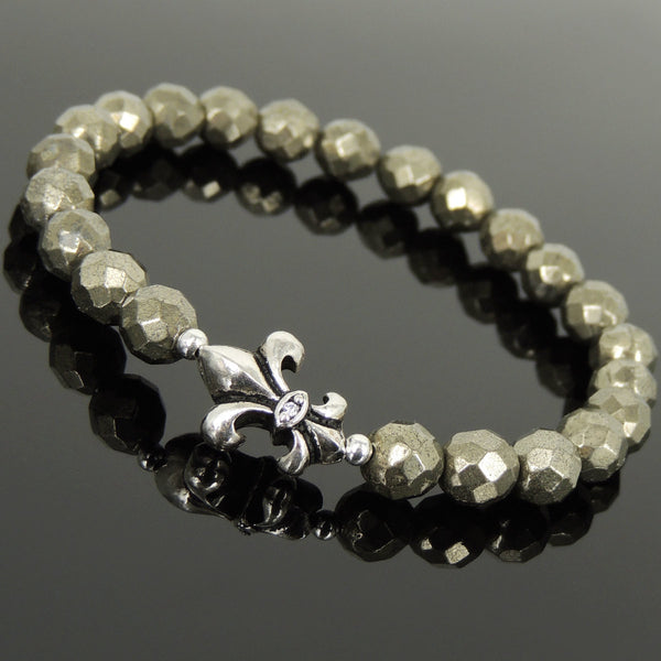 Men's Women Natural Faceted Gold Pyrite Bracelet 925 Sterling Silver Fleur de Lis Charm DiyNotion Handmade BR1084
