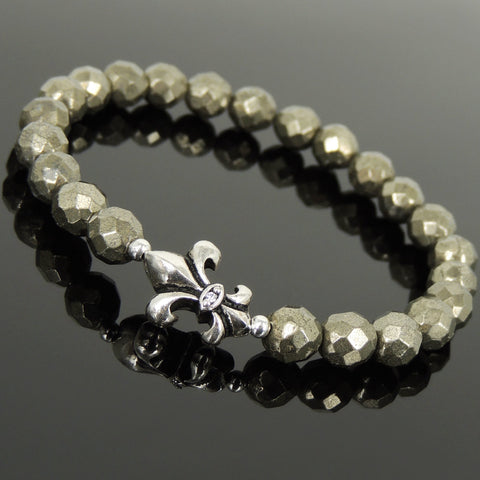 Men's Women Natural Faceted Gold Pyrite Bracelet 925 Sterling Silver Fleur de Lis Charm DiyNotion Handmade BR1084