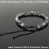 Men's Women Black Rutilated Quartz Adjustable Braided Bracelet 925 Sterling Silver Cross Beads DiyNotion BR1085
