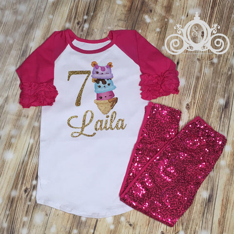 Num Noms Birthday Shirt, Ice Cream Birthday Shirt, Ruffle Raglan with Sequin Pants, Personalized with Name and Age