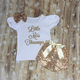 Little Miss Threenager Bubble Sleeve Tee Sequin Shorts Birthday Set