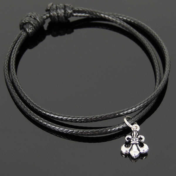 Men's Women Adjustable Braided Bracelet 925 Sterling Silver Fleur de Lis Pendant DiyNotion Handmade BR1131