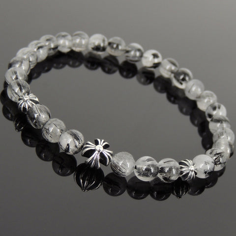 Handmade Men Women Gemstone Bracelet Black Rutilated Quartz 925 Sterling Silver Cross Bead DiyNotion BR1086