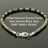 Men's Women Faceted Gold Pyrite Black Onyx Bracelet 925 Sterling Silver Beads Clasp SMALL BEADS DiyNotion Handmade BR1087