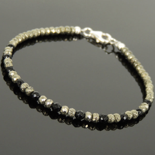 Men's Women Faceted Gold Pyrite Black Onyx Bracelet 925 Sterling Silver Beads Clasp SMALL BEADS DiyNotion Handmade BR1087