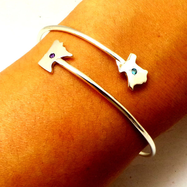 Silver Texas to Minnesota 2 States Bracelet Bangle with Birthstones