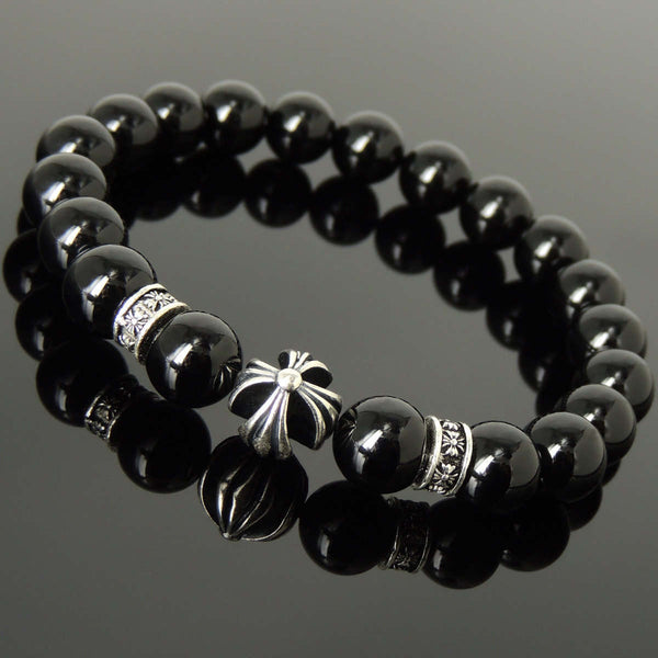 Men's Women Bright Black Onyx Bracelet 925 Sterling Silver Cross Bead & Spacers DiyNotion BR1089