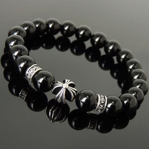 Men's Women Bright Black Onyx Bracelet 925 Sterling Silver Cross Bead & Spacers DiyNotion BR1089