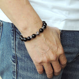 Men's Women Bright Black Onyx Bracelet 925 Sterling Silver Cross Bead & Spacers DiyNotion BR1089