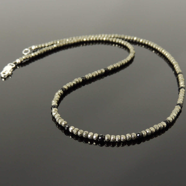 Men's Women Gold Pyrite Black Onyx SMALL BEADS Necklace 925 Sterling Silver Clasp DiyNotion Handmade NK181