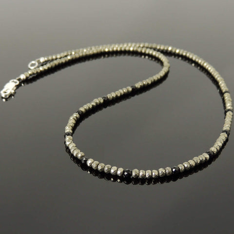 Men's Women Gold Pyrite Black Onyx SMALL BEADS Necklace 925 Sterling Silver Clasp DiyNotion Handmade NK181