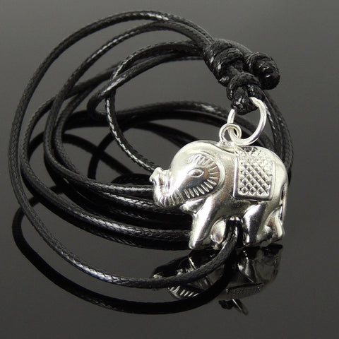 Men's Women Adjustable Necklace 925 Sterling Silver Protection Elephant Pendant with Wax Rope DiyNotion NK182