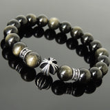 Men's Women Golden Obsidian Bracelet 925 Sterling Silver Cross Bead & Spacers DiyNotion BR1091
