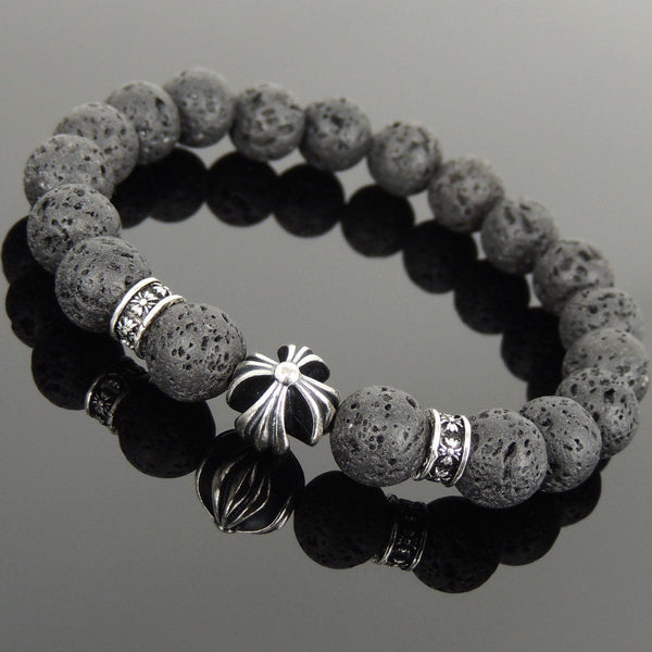 Men's Women Natural Lava Rock Bracelet 925 Sterling Silver Cross Bead & Spacers DiyNotion BR1093
