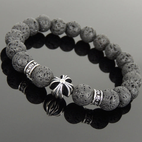 Men's Women Natural Lava Rock Bracelet 925 Sterling Silver Cross Bead & Spacers DiyNotion BR1093