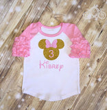 Minnie Inspired Glitter Monogram & Age Birthday Shirt Girls Icing Ruffle Raglan