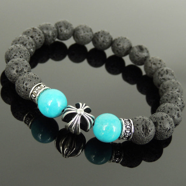 Men's Women Natural Lava Rock Turquoise Bracelet 925 Sterling Silver Cross Bead & Spacers DiyNotion BR1094