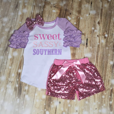 Sweet Sassy Southern Set Custom Ruffle Raglan Personalized Shirt Girl Baby Toddler Shirt