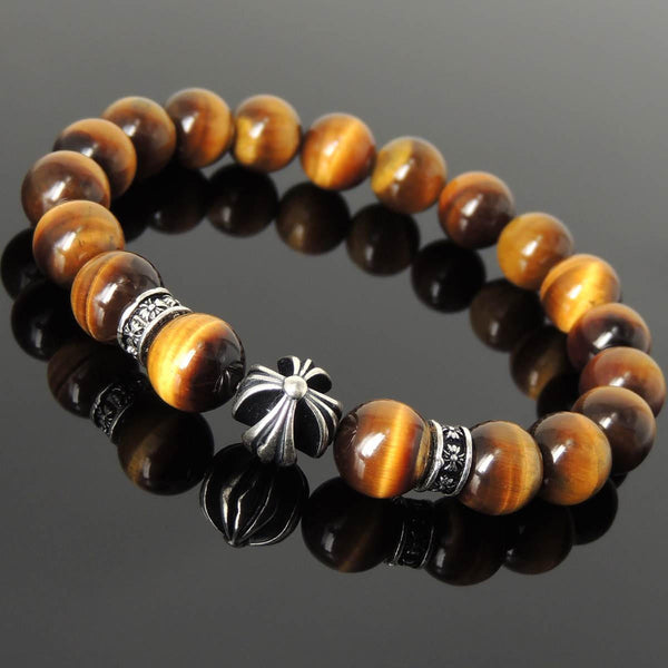 Men's Women Brown Tiger Eye Bracelet 925 Sterling Silver Cross Bead & Spacers DiyNotion Handmade BR1095