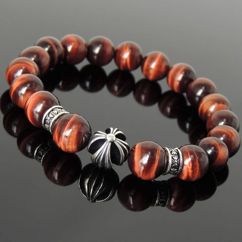 Men's Women Red Tiger Eye Bracelet 925 Sterling Silver Cross Bead & Spacers DiyNotion Handmade BR1096