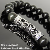 Men's Women Rainbow Black Obsidian Bracelet 925 Stamp Sterling Silver Charm DiyNotion BR1097