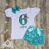 Mermaid Birthday Outfit, Bubble Sleeve Shirt & Sequin Shorts