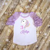 Unicorn Birthday Outfit, Personalized Shirt with Name and Age, Bubble Sleeve Tee & Sequin Shorts