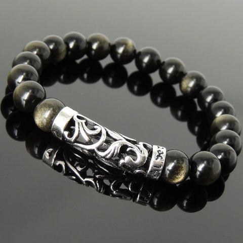 Men's Women Natural Golden Obsidian Bracelet 925 Stamp Sterling Silver Charm DiyNotion BR1098