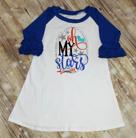 Oh My Stars Fourth of July Dress, 4th of July Outfit, Girls Icing Ruffle Raglan Dress, Monogram Dress