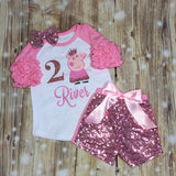 Peppa Pig Birthday Shirt, Ruffle Raglan with Sequin Pants, Personalized Monogram with Glitter Name and Age