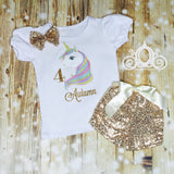 Unicorn Birthday Outfit, Personalized Shirt with Name and Age, Bubble Sleeve Tee & Sequin Shorts