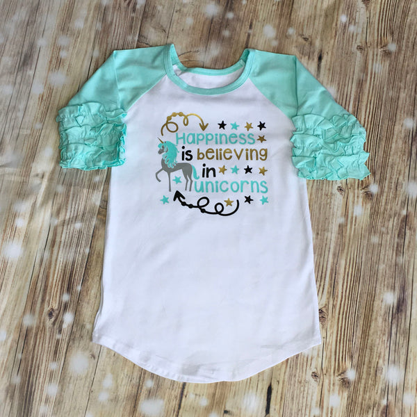 Happiness is Believing in Unicorns Custom Ruffle Raglan Personalized Shirt Girl Baby Toddler Shirt