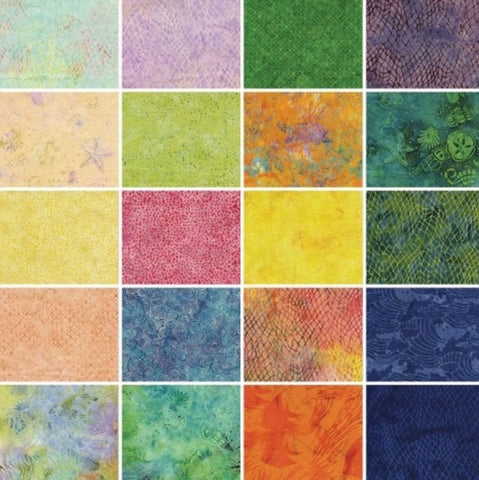 Seashore Batiks Charm Pack by Island Batik - 42, 5 inches of Precut Fabric Squares.