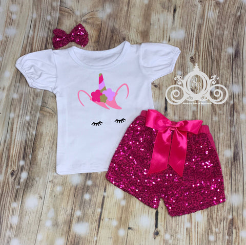 Unicorn Face Birthday Outfit, Ruffle Raglan Shirt with Sequin Shorts