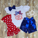 American Flag Bow Monogram Outfit, Girls Bubble Sleeve Shirt w Sequin Shorts and Leg Warmers, Fourth of July, 4th of July Shirt
