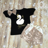 Royal Swan Girls Birthday Shirt w Sequin Shorts or Tutu