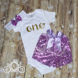 ONE Onesie w Lavender Purple Sequin Shorts First Birthday Set
