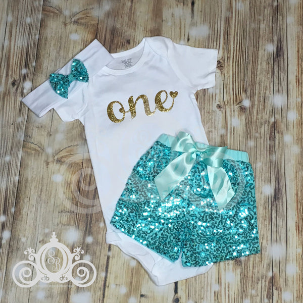 ONE Onesie w Aqua Turquoise Light Blue Sequin Shorts First Birthday Set