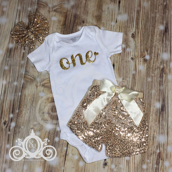 ONE Bodysuit w Gold Sequin Shorts, Girls First Birthday Outfit