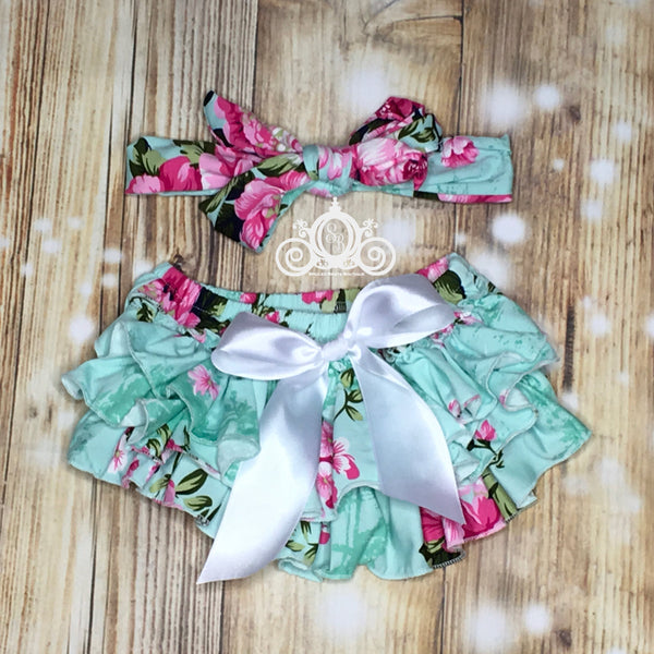 Mint Floral Baby Bloomer, Baby Girl Ruffle Diaper Cover