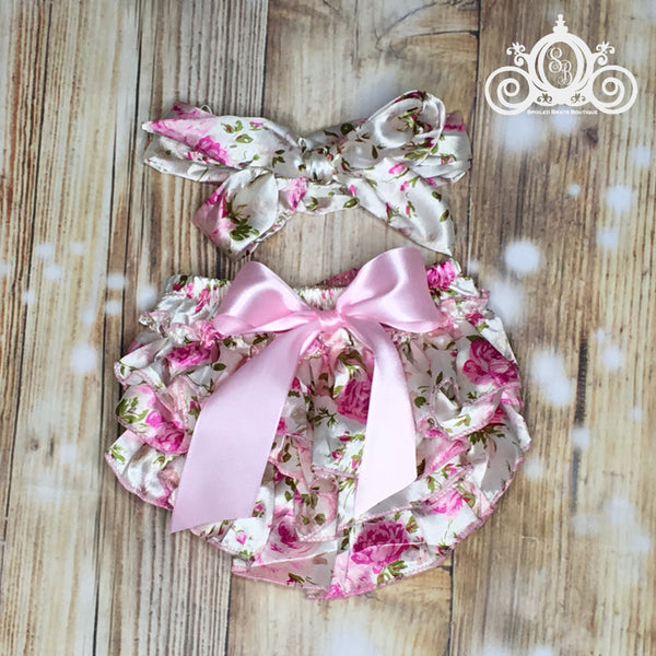 Pink Floral Baby Bloomer, Baby Girl Ruffle Diaper Cover