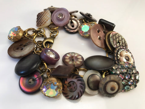 Vintage Rhinestone Button Charm Bracelet, Mother of Pearl Buttons, Metal Rhinestone Buttons, 8" Bracelet, 2" Extender, Antique Buttons