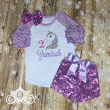 Unicorn Birthday Outfit, Personalized Shirt with Name and Age, Bubble Sleeve Tee & Sequin Shorts