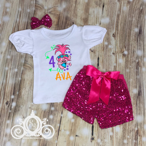 Trolls Birthday Outfit Personalized w Name and Age, Bubble TShirt w Sequin Shorts, Girls Ruffle Raglan