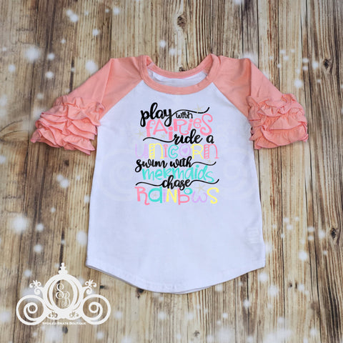 Play with Fairies Ride a Unicorn Girls Tank Ruffle Raglan Bubble T Shirt