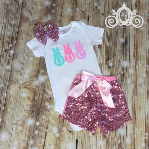 ONE Peeps Easter Bunny Birthday, Bodysuit Ruffle Raglan Tee w Light Pink Sequin Shorts, Girls First Birthday Set