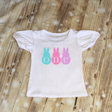 ONE Peeps Easter Bunny Birthday, Bodysuit Ruffle Raglan Tee w Light Pink Sequin Shorts, Girls First Birthday Set