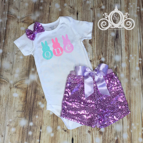 ONE Peeps Easter Bunny Birthday, Bodysuit Ruffle Raglan Tee w Lavender Sequin Shorts, Girls First Birthday Set