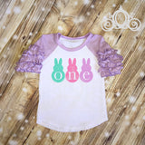 ONE Peeps Easter Bunny Birthday, Bodysuit Ruffle Raglan Tee w Lavender Sequin Shorts, Girls First Birthday Set